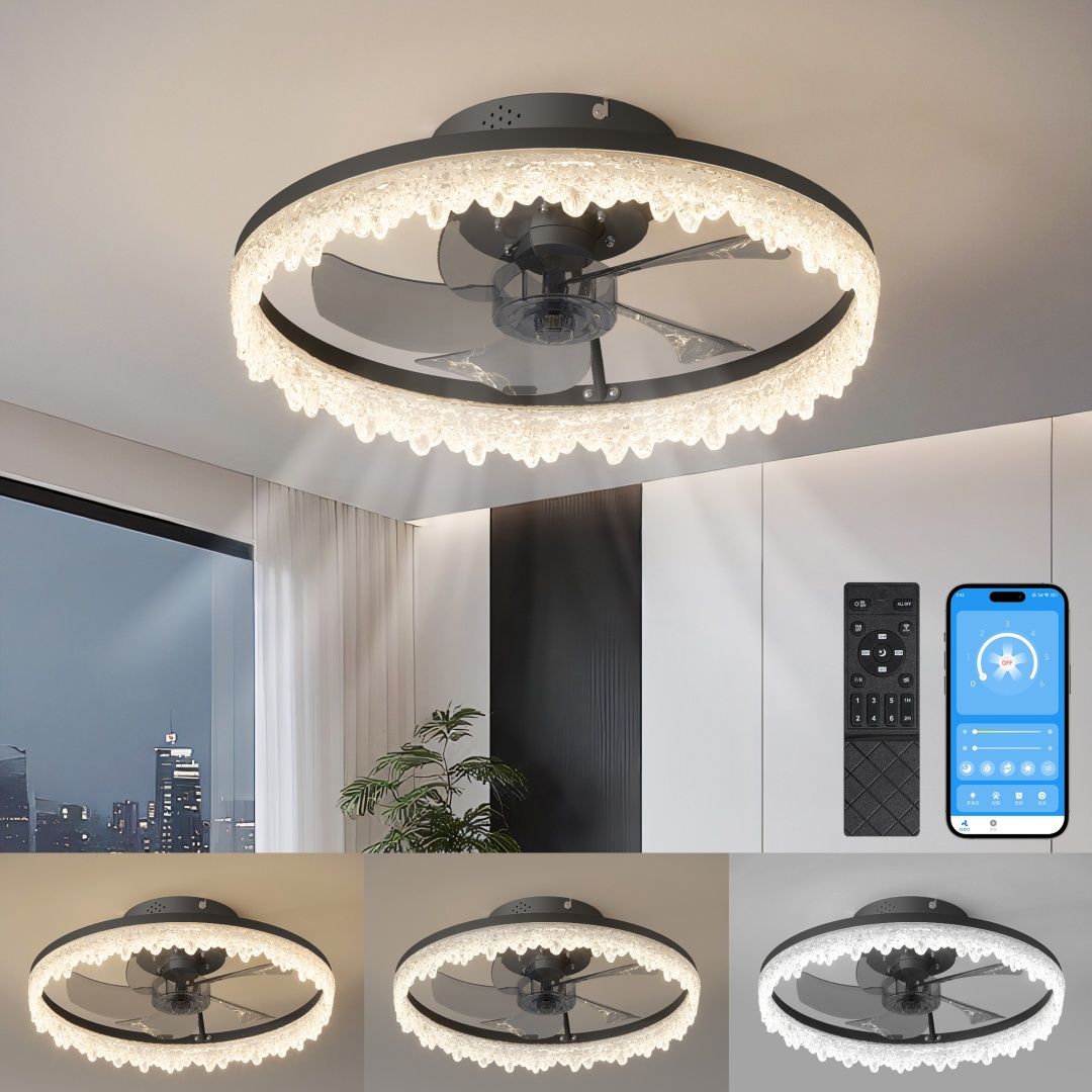 Smart Silent Elegant Black Ceiling Fan With Light - 16-inch Flush Mount LED Chandelier With 5 Invisible Blades, Remote Control & Timer, Dimmable Lighting For Bedroom, Living Room, Dining Room