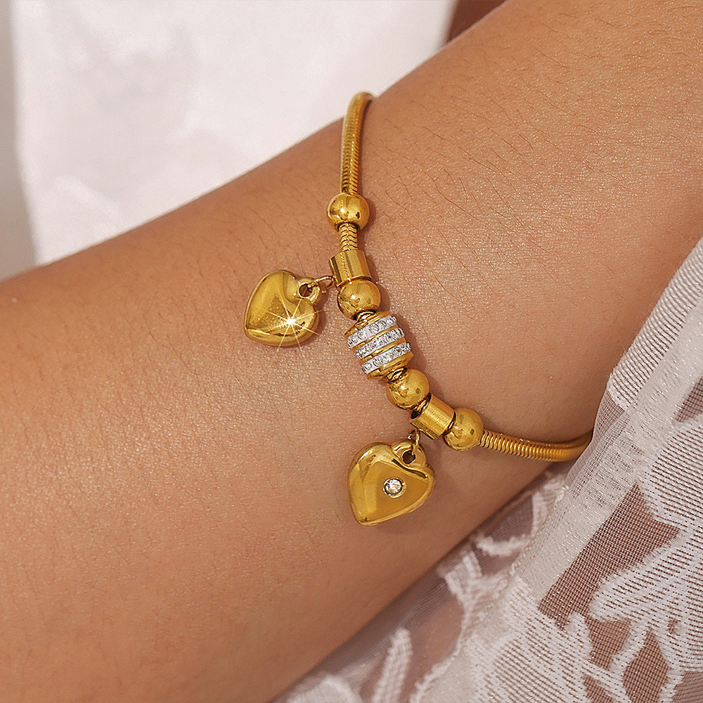 Double Heart Charm Soft Snake Chain Bracelet With Czech Rhinestones And Multiple Accessories