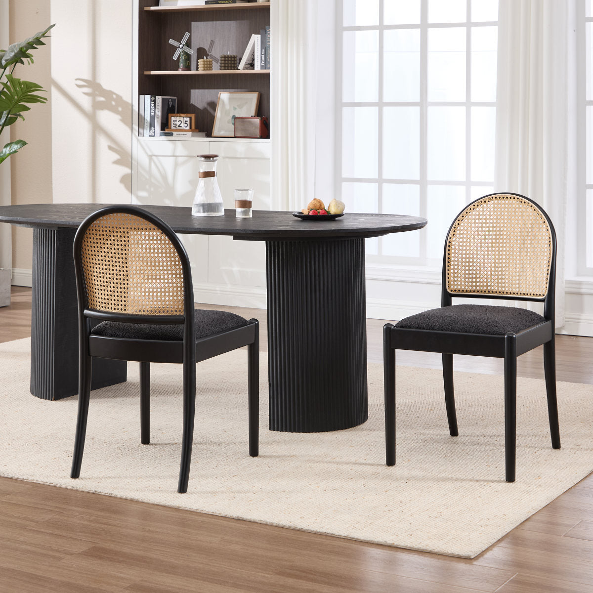 Rattan Dining Chairs Set of 2, Upholstered Linen Dining Room Chairs with Backrests, Modern Kitchen Chairs with Wood Legs for Dining Room, Black