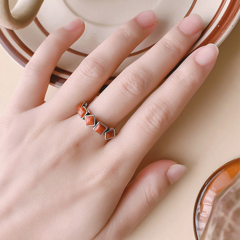 S925 Sterling Silver Vintage Fashion Natural South Red Agate Ring