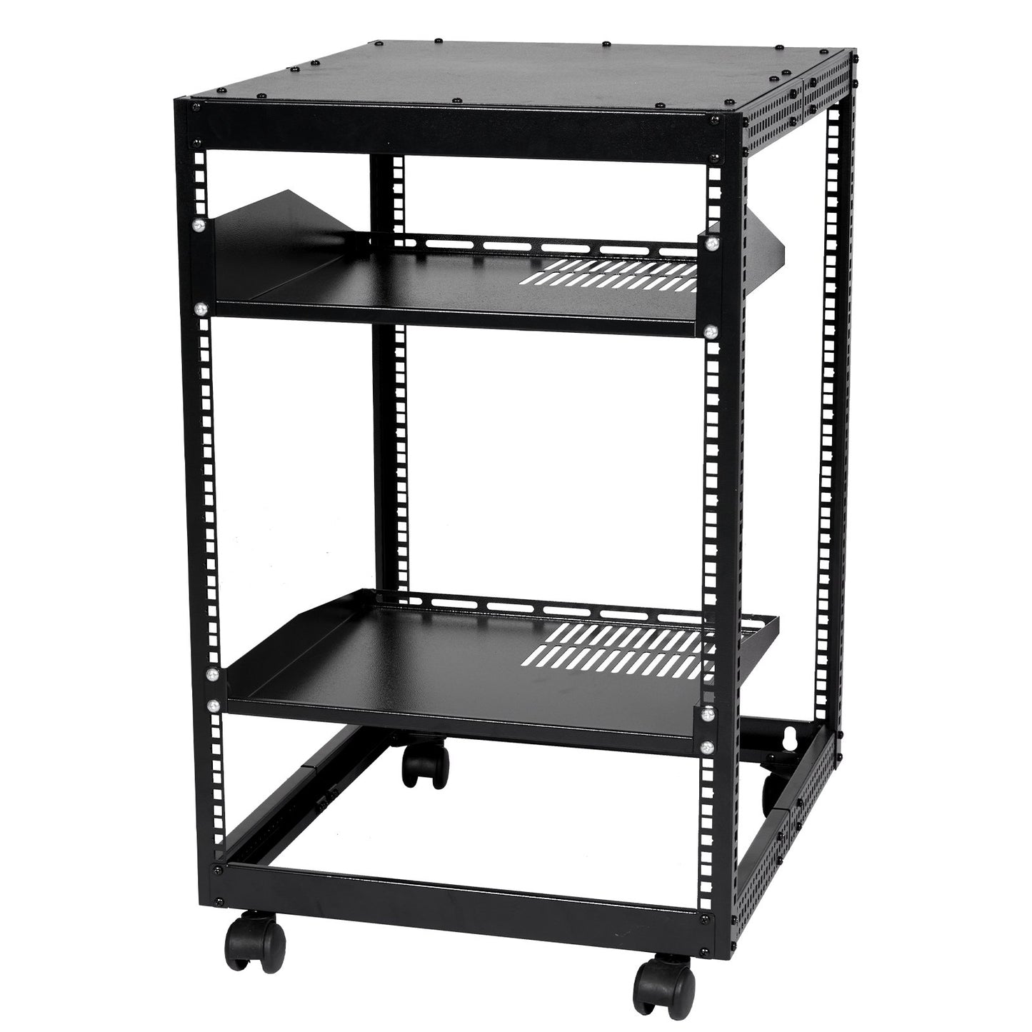 15U Open Frame Server Rack, 23''-40'' Adjustable Depth, Free Standing Or Wall Mount Network Server Rack, 4 Post AV Rack With Casters, Holds All Your Networking IT Equipment AV Gear Router Modem