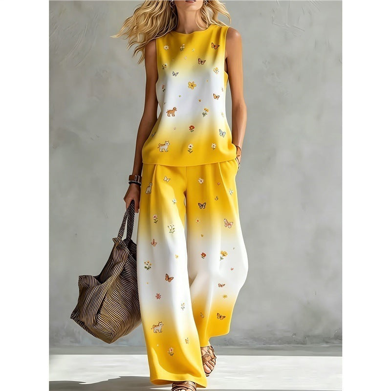 New-style Rainbow Tie-dye Sleeveless Crew-neck Top And Wide-leg Pants Womens Casual Two-piece Set