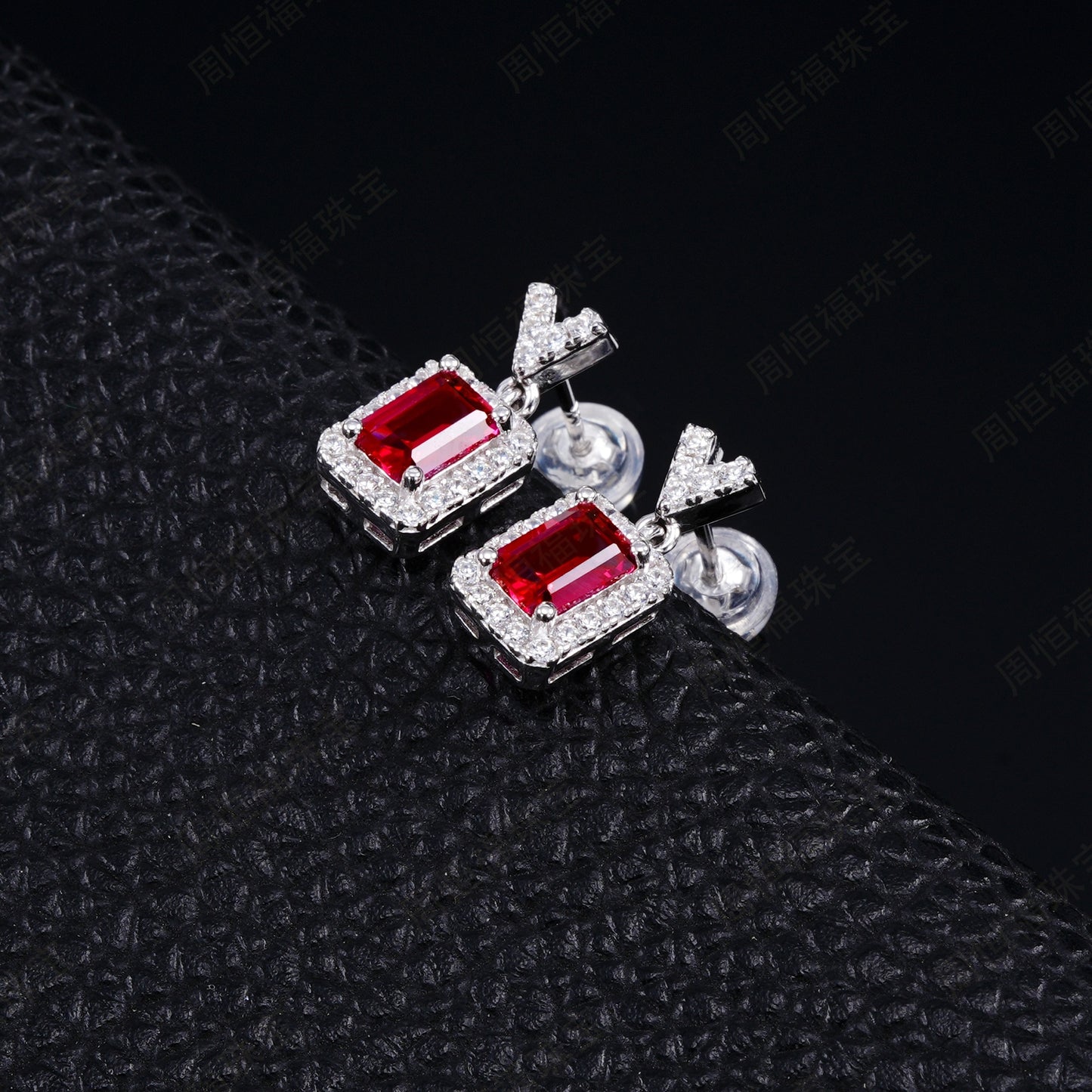 S925 Sterling Silver V-Shape Halo Drop Earrings, 6x4mm Lab-Grown Ruby & Emerald, Platinum Plated 2.6g, Women's Jewelry Gift Box