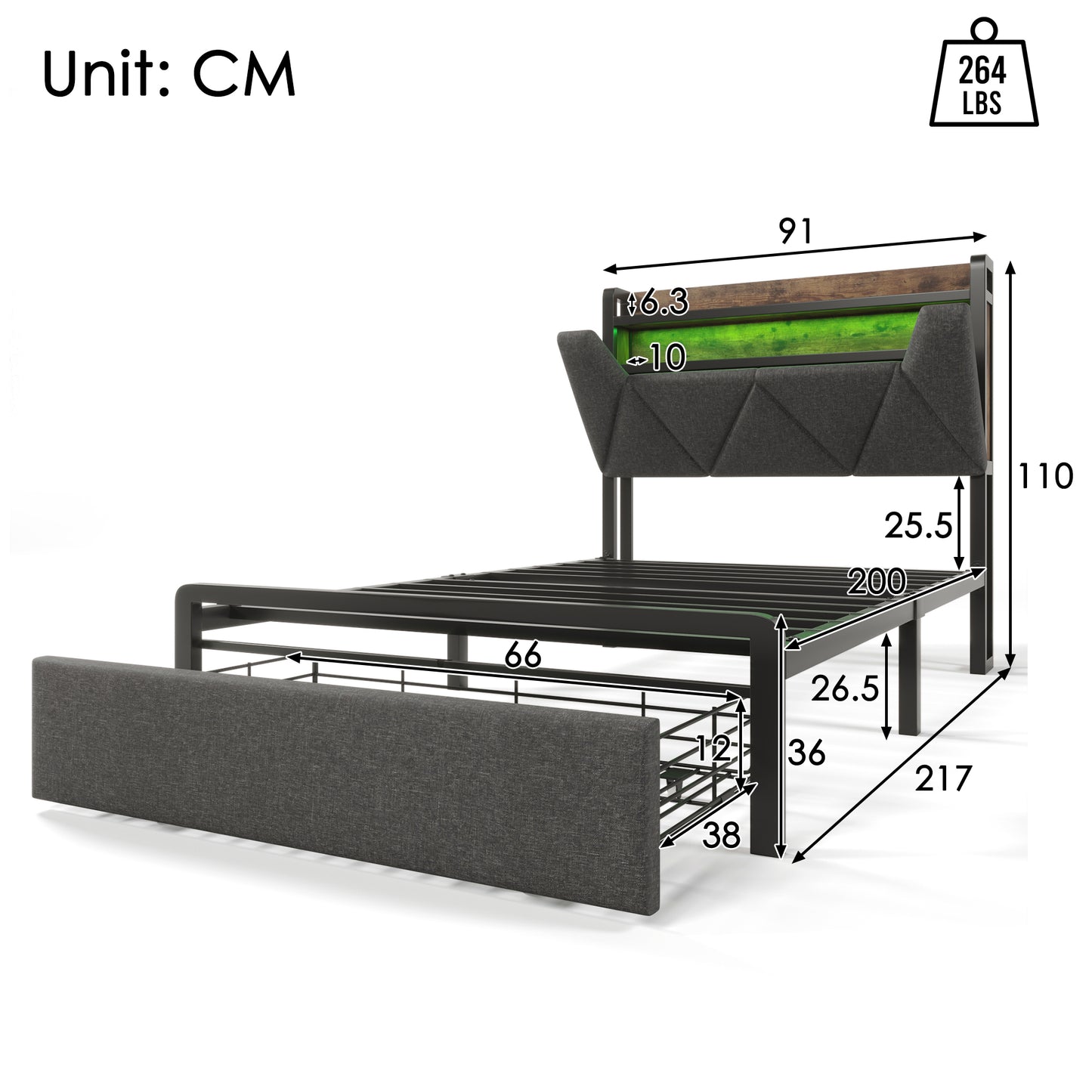 Upholstered Bed With USB Type-C Charging Function Storage Headboard And LED Lighting And Drawers, Single Bed 90 X 200 Storage Beds Bed Frame With Metal Frame Slatted Frame, Grey Without Mattress