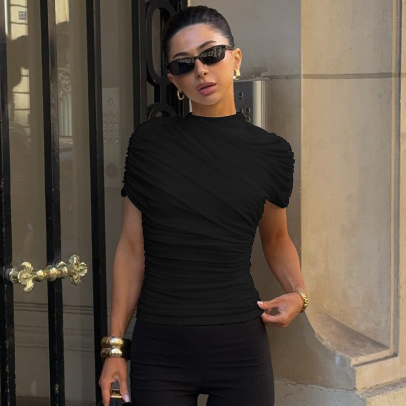 Solid-color Scarf-collar Fashion Draped Sleeveless Slim-fit Short Top