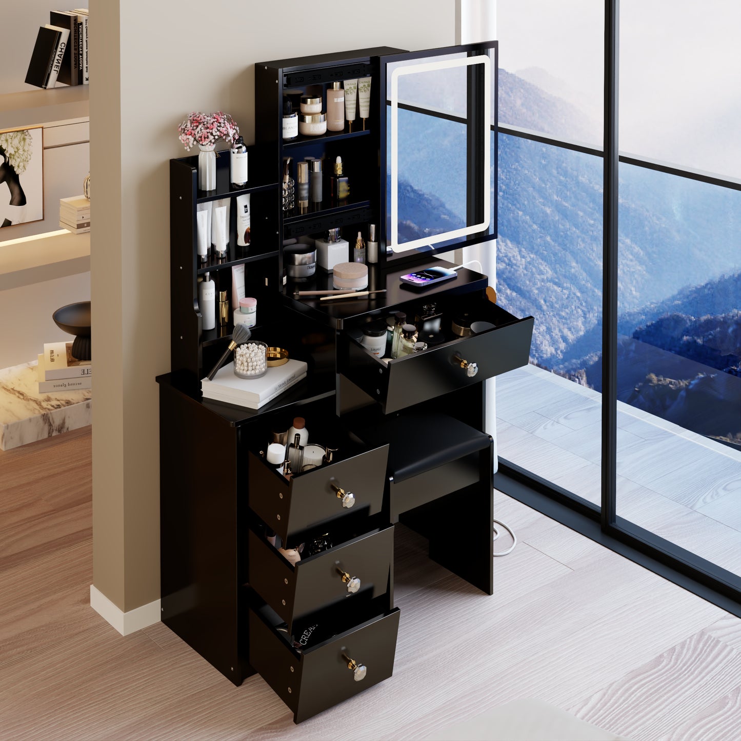 29.2 Small Size Bedside Cabinet Vanity Table  Cushioned Stool, 2 AC  2 USB Power Station, Hair Dryer Bracket, Extra Large Touch Control Sliding LED Mirror, 3-color Switching, EPA, GCC, UL Certificate