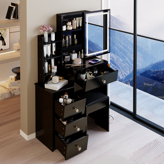 29.2 Small Size Bedside Cabinet Vanity Table  Cushioned Stool, 2 AC  2 USB Power Station, Hair Dryer Bracket, Extra Large Touch Control Sliding LED Mirror, 3-color Switching, EPA, GCC, UL Certificate