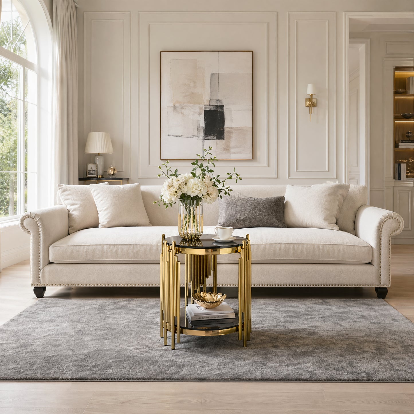 Modern Round Glass End Table For Living Room, Black And Gold Side Table Glass Top, Luxury Circle Tea Table With Stainless Steel Legs, Small Office Table, Sturdy Glass Top Bedside Table, Sofa Table