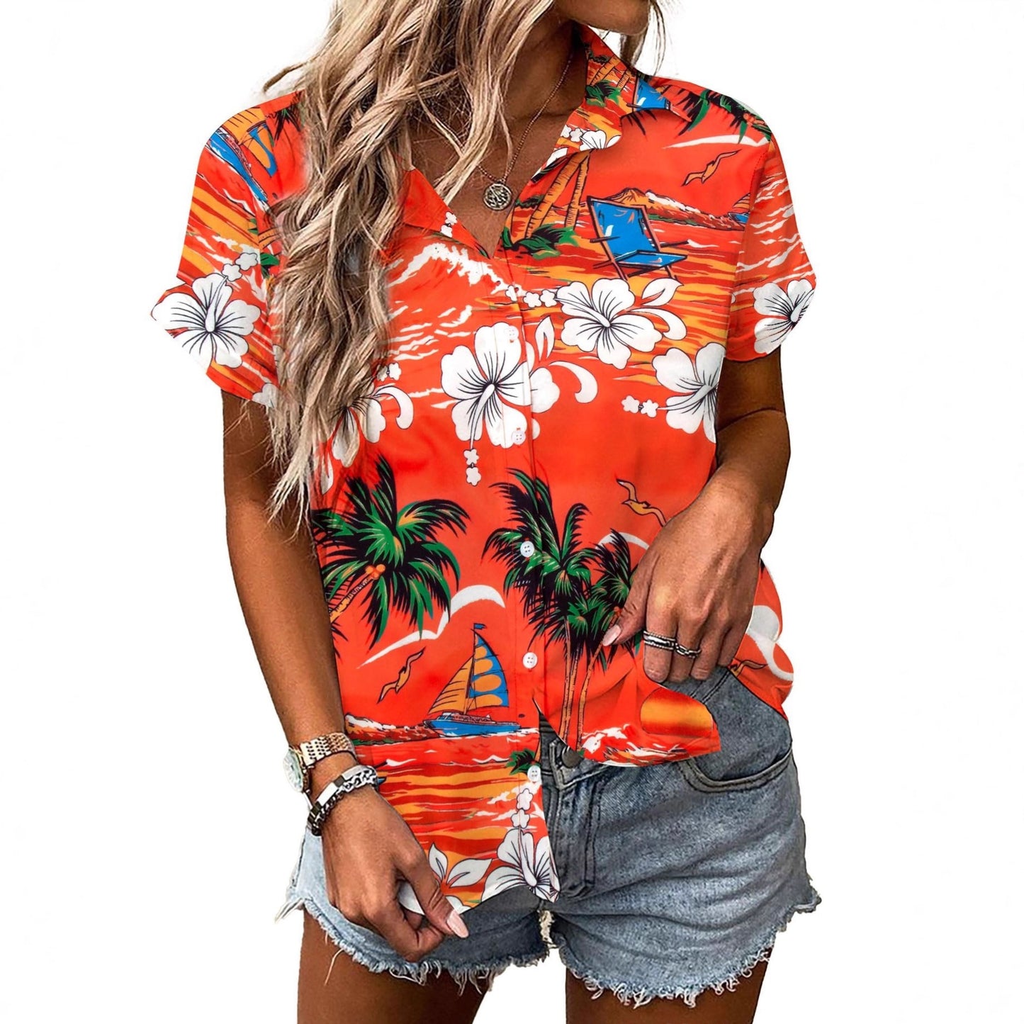 Womens Fashion Plus-Size Floral Loose-Fitting Shirt