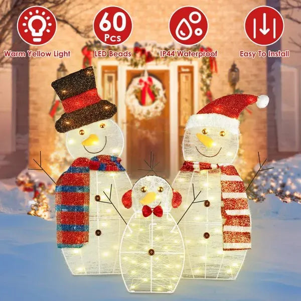 3-Piece 2D Outdoor Snowman Christmas Decorations Yard, 30 Inch Pre Lit Snowman Family With Led Lights Outside Indoor Holiday Lighted Christmas Decor For Lawn