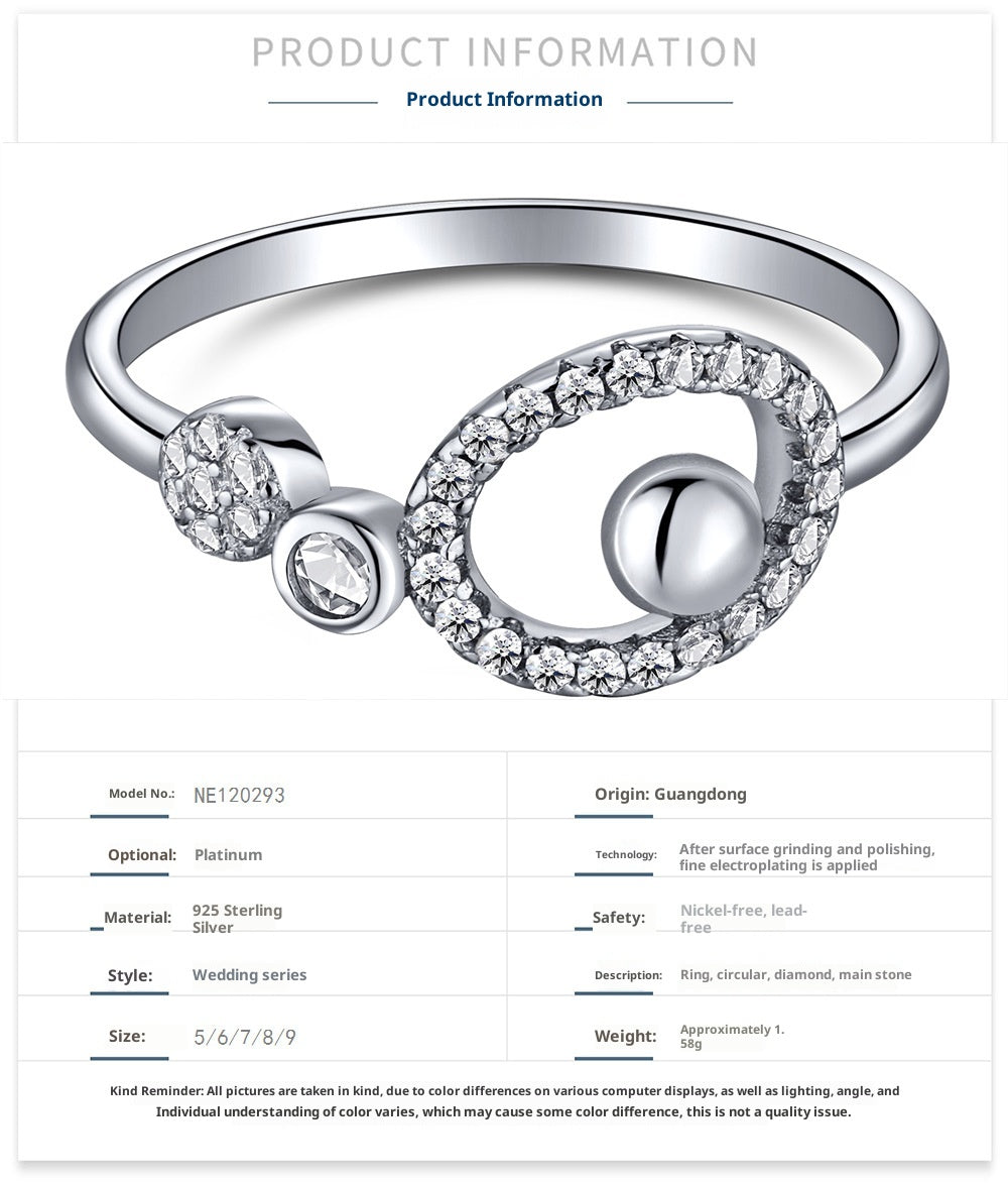 Women's Korean-style S925 Sterling Silver Round Simple And Irregular Zircon Ring