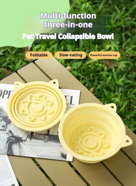 3-in-1 Pet Travel Collapsible Bowl Foldable Slow-Feeder With Strong Suction Cups  Portable Silicone Dog Bowl With Hook For Hanging On Collar-Backpack