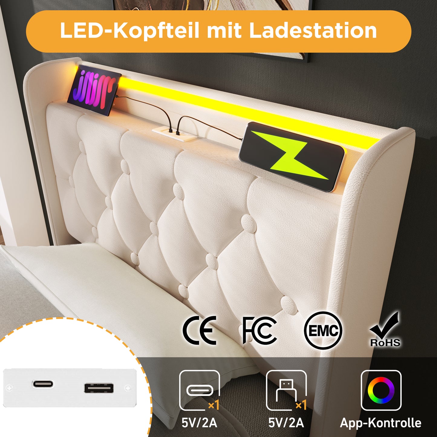 Upholstered Bed Single Bed, 360 Surround LED Function, Push Button App Remote Control, 90x200 Cm, White PU Material Hydraulic Storage Bed, Upholstered Headboard With USB Type-C Charging Function