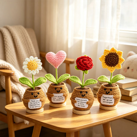 Handmade Crochet Potted Flower, Assorted Pot Flowers With Warm Inspirational Message Cards, Soft Yarn Everlasting Crochet Floral Ornament, Indoor Home Tabletop Decorative Ornament