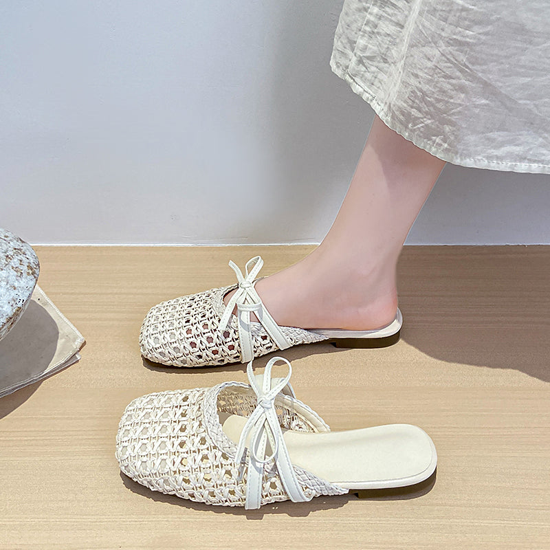 2026 Hot French Woven Hollow Out Mules For Women, Slip-on Flat Elegant Closed Toe Slides For Outdoor Summer Wear