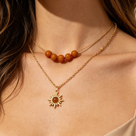 Cross-border Vintage Sunflower Tiger's Eye Necklace For Women, Niche Design Premium Texture Stackable Clavicle Chain Matching Jewelry