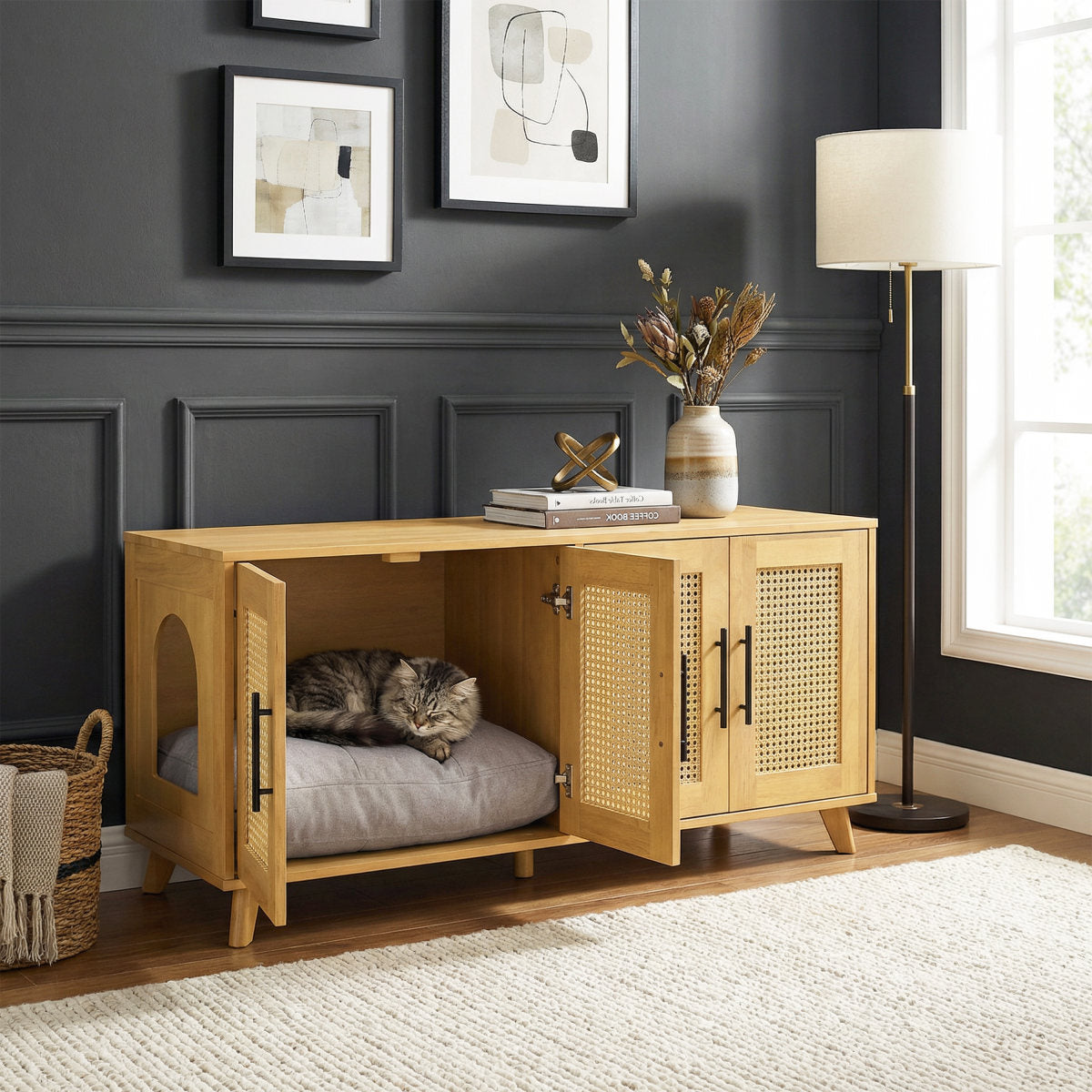 Myra Indoor Premium Rubber Wood Cat Cabinet With Plush Cushion -Stylish Hidden Pet Furniture For Modern Living Spaces