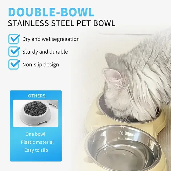 Anti Slip Base Double Cat Food Bowl, Pink Stainless Steel Food And Water Bowl, Easy To Clean And Detachable Design, Cat And Dog Pet Feeder