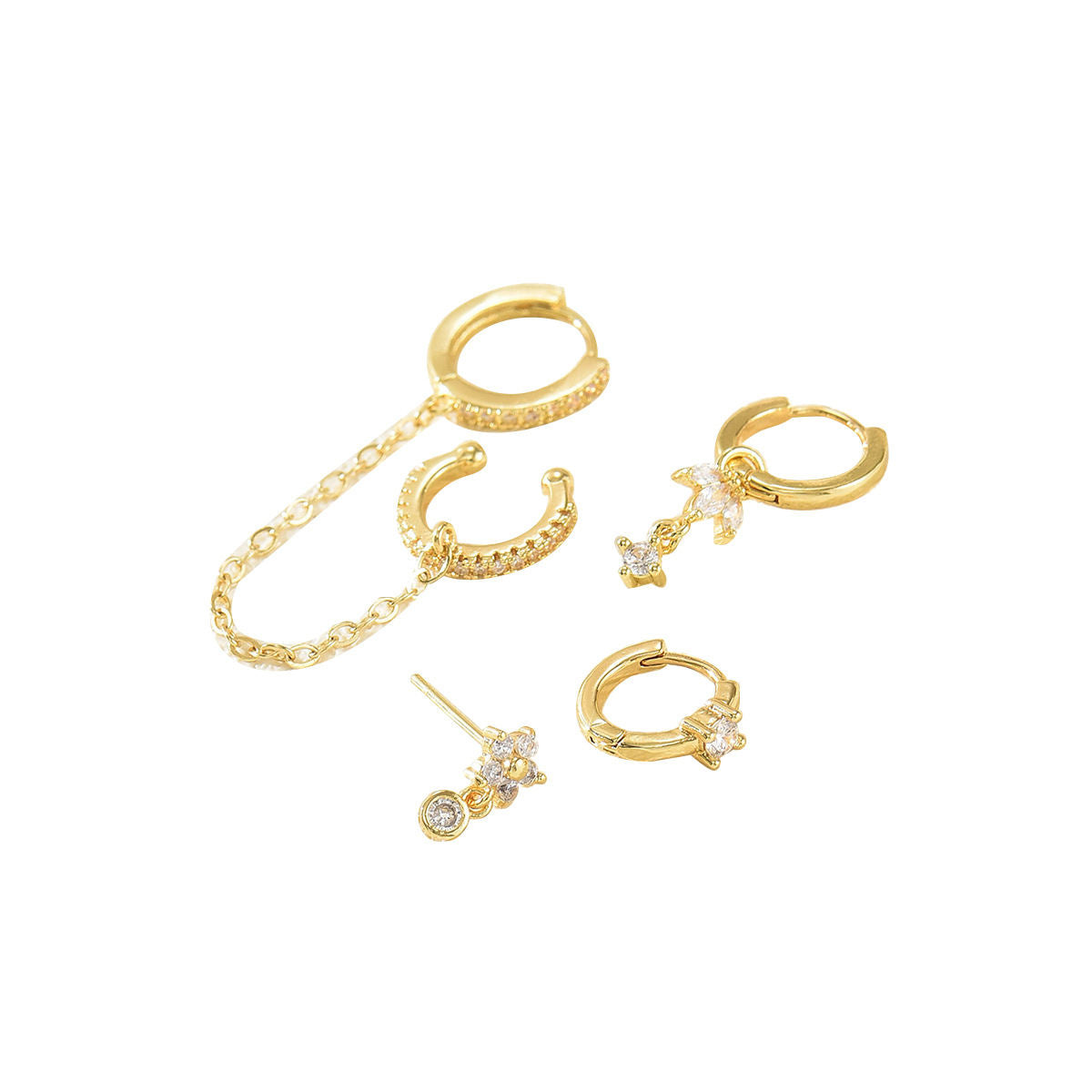 Cross-border Japanese Korean Women Stud Earrings, Light Luxury Geometric Design Inlaid Cubic Zirconia, Stackable Chain Dainty Versatile Ear Jewelry For Ladies
