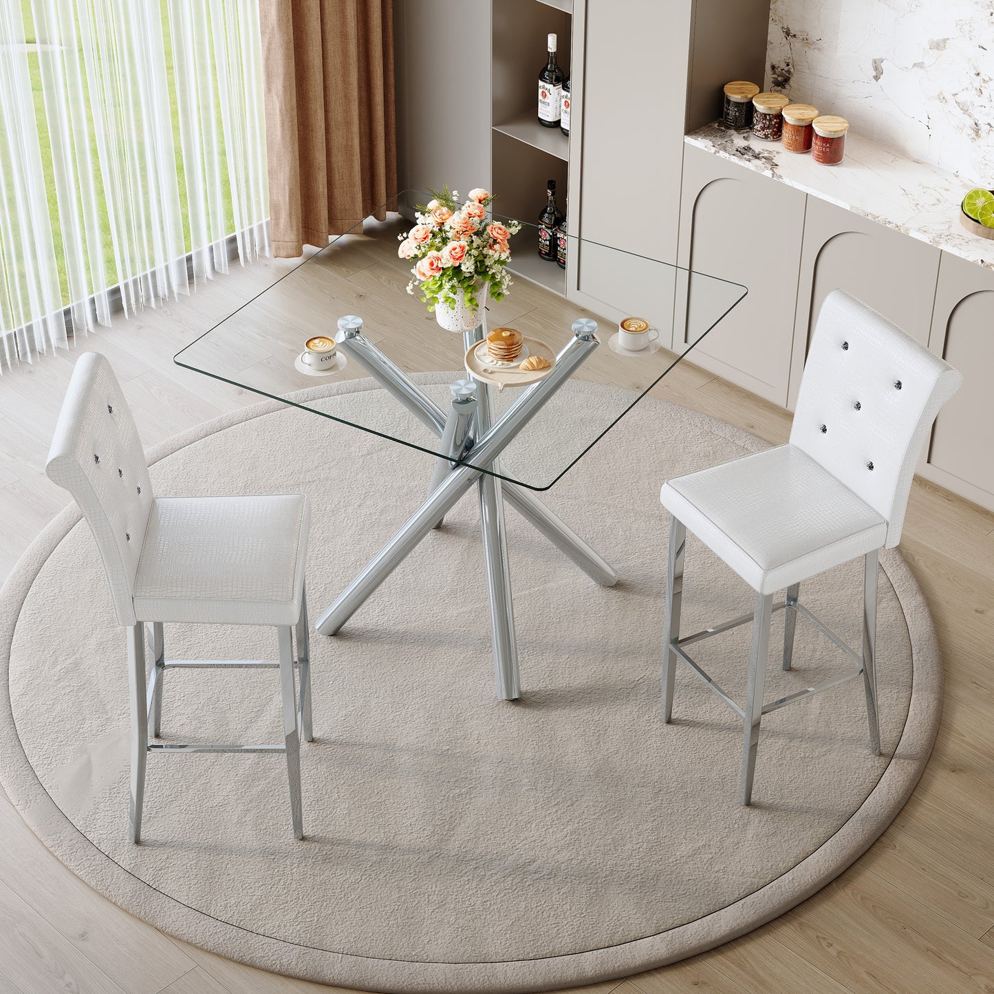 Modern Glass Bar Table And Fixed-Height Bar Stools Set Of 2, Contemporary Counter Height Pub Table With Chrome Legs, White PU Leather Bar Chairs For Kitchen Island, Home Bar, Small Space  3 Packages