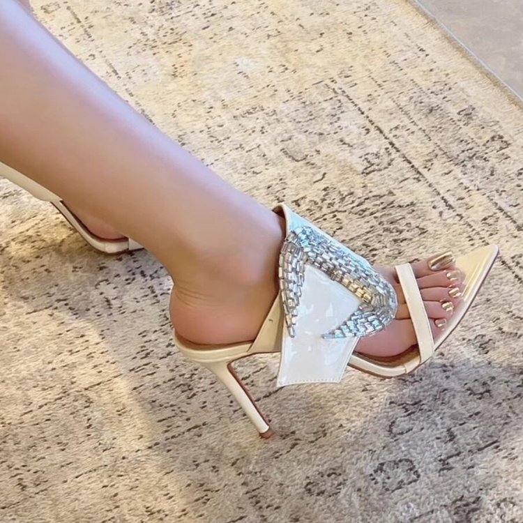 2026 Summer Women's One Strap Slide Sandals, Rhinestone Open Toe Stiletto Heels, French Pointed Toe Sexy Elegant Outdoor Mules