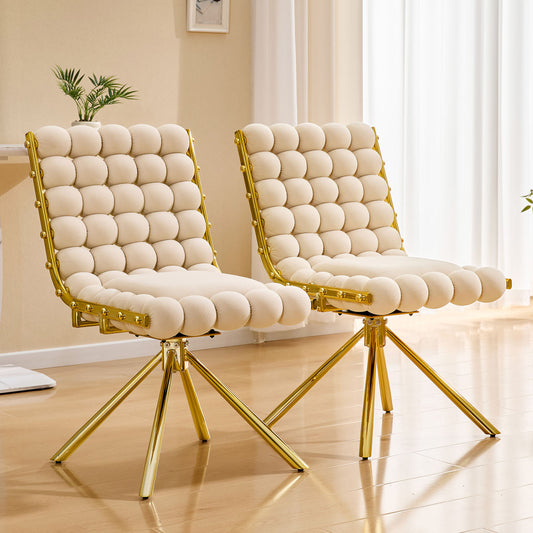 Set Of 2 Cream Bubble Tufted Swivel Accent Chair, Modern Velvet Armless Chair With Gold Metal Frame For Dining Room, Living Room & Vanity Desk
