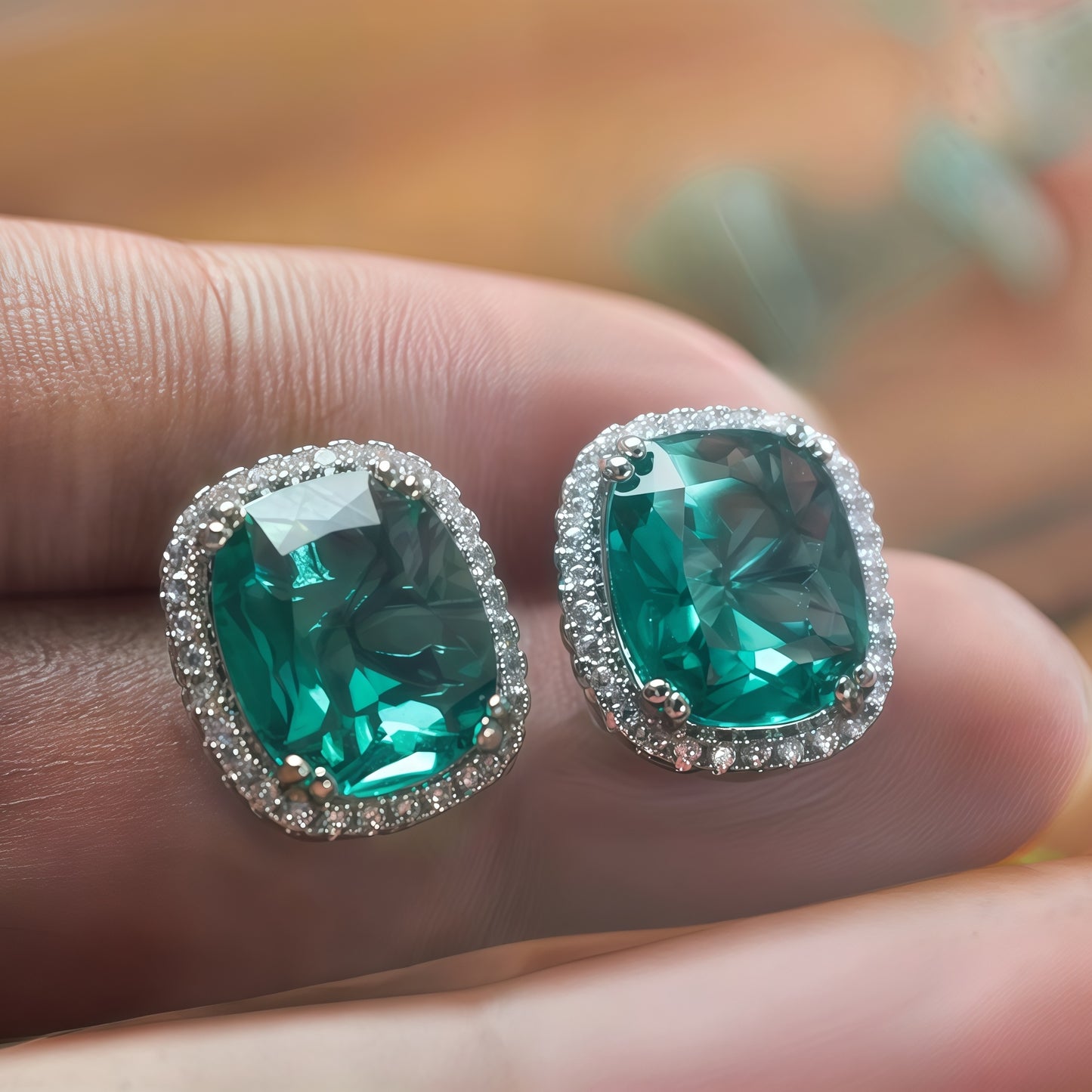 Cushion Shape Emerald Green CZ Single Halo Stud Earrings For Women, Copper Silver Plated White Crystal Vintage Bridal Wedding Daily Statement Jewelry Gift