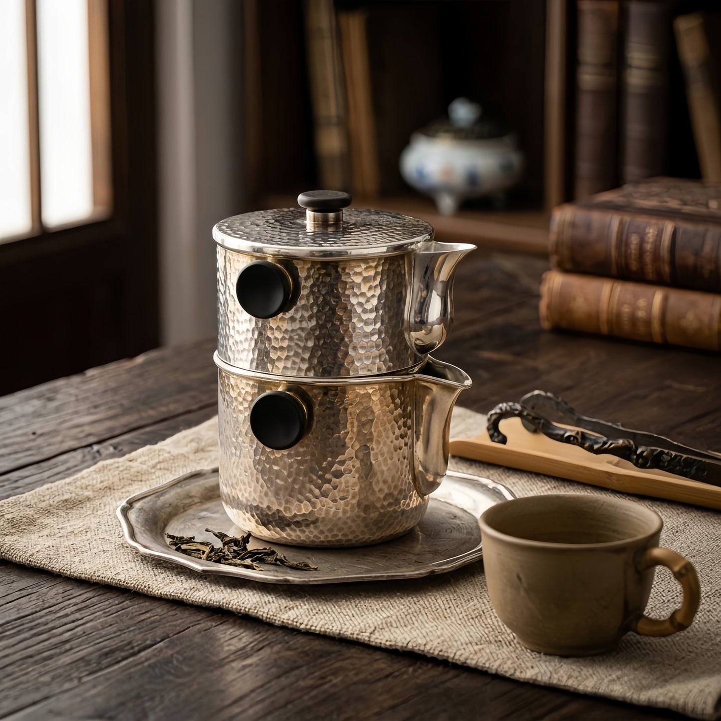 Pure 999 Fine Silver Stackable Hammered Metal Teapot Set-Fine Tea Dispenser - Handicraft