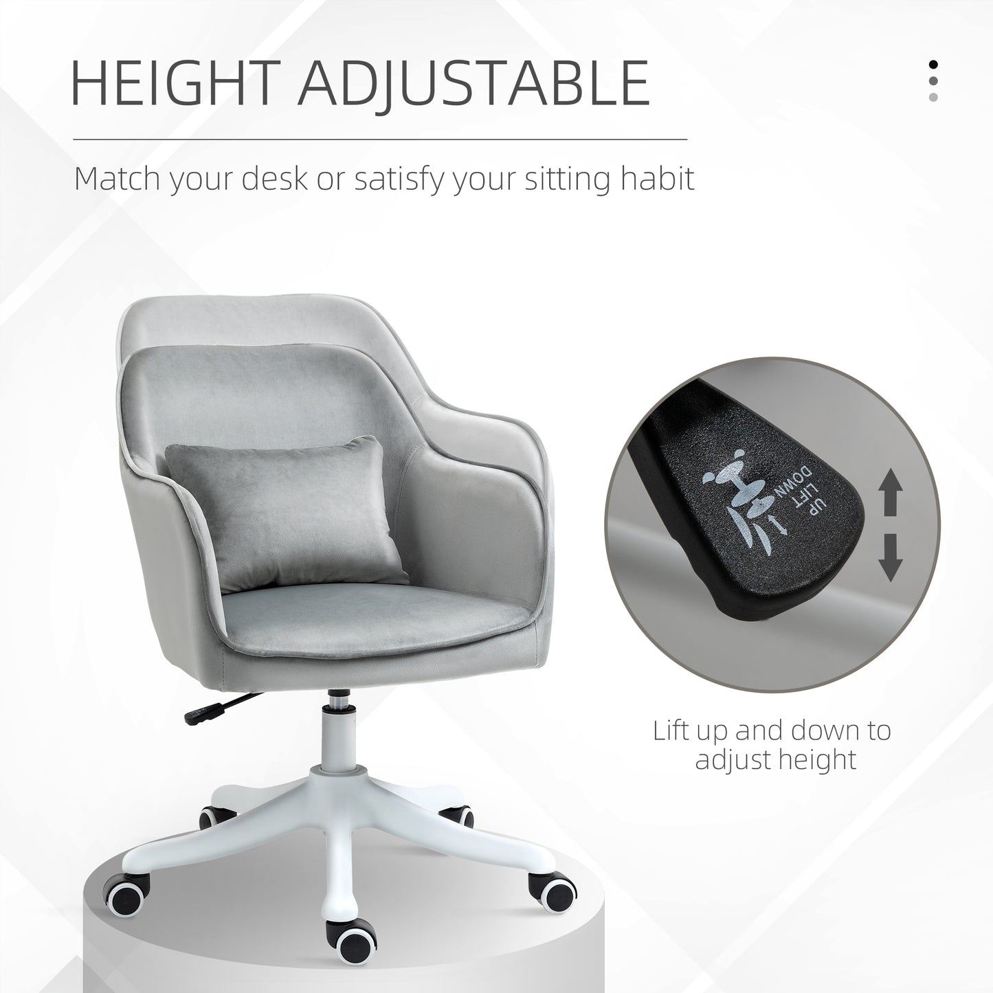 Vinsetto Velvet Office Chair, Desk Chair, Makeup Vanity Chair With Massage Lumbar Pillow And Rolling Wheels For Bedroom And Home, Grey