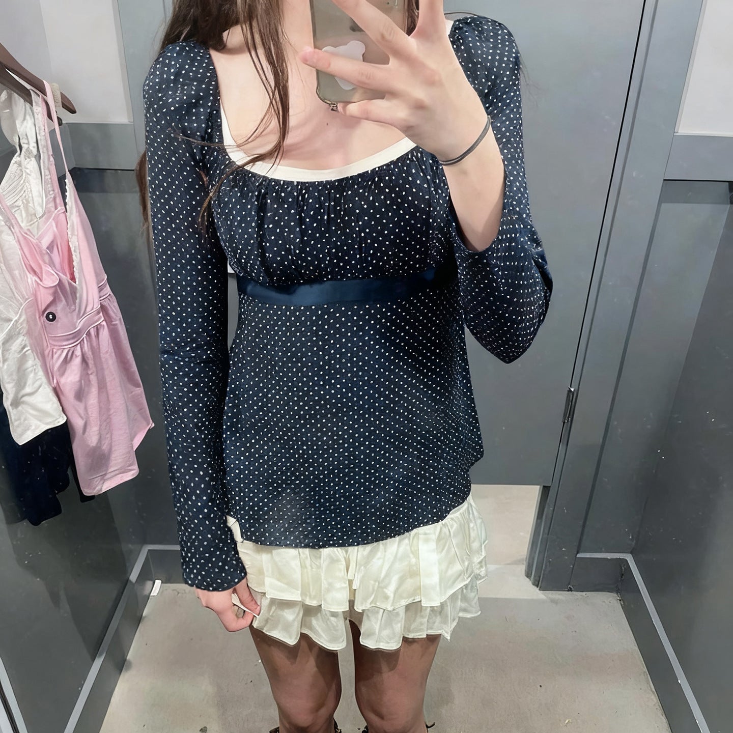 Korean-style Elegant Polka-Dot U-Neck Top With Bow-Tie Straps And Long Sleeves