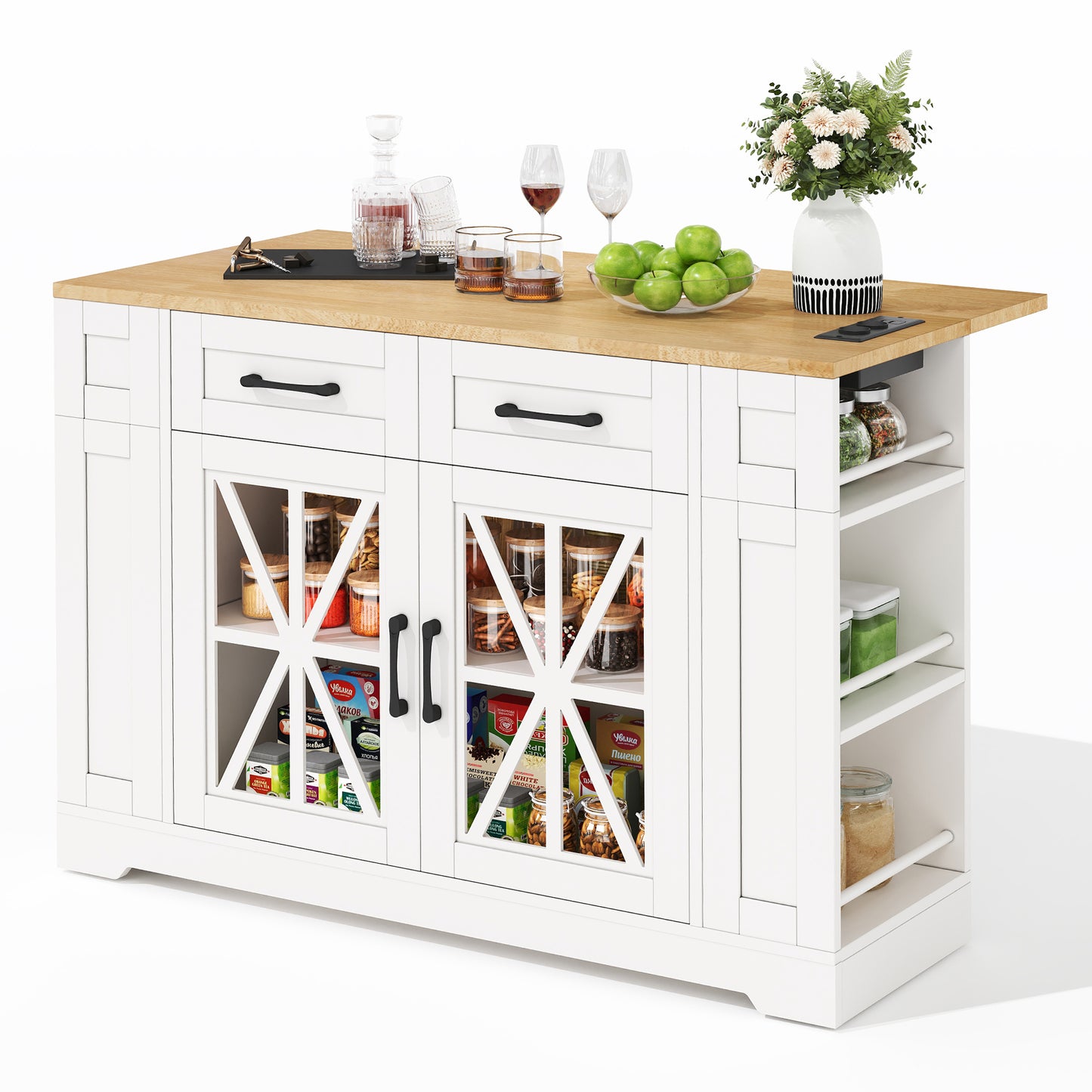 120cm Portable Kitchen Island With Folding Dining Table, Open Shelf, AC Port, USB Port, Glass Door, Adjustable Laminate, Casters With Brakes For Kitchen, Dining Room, Living Room And More.