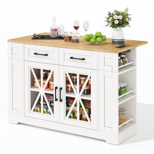 120cm Portable Kitchen Island With Folding Dining Table, Open Shelf, AC Port, USB Port, Glass Door, Adjustable Laminate, Casters With Brakes For Kitchen, Dining Room, Living Room And More.