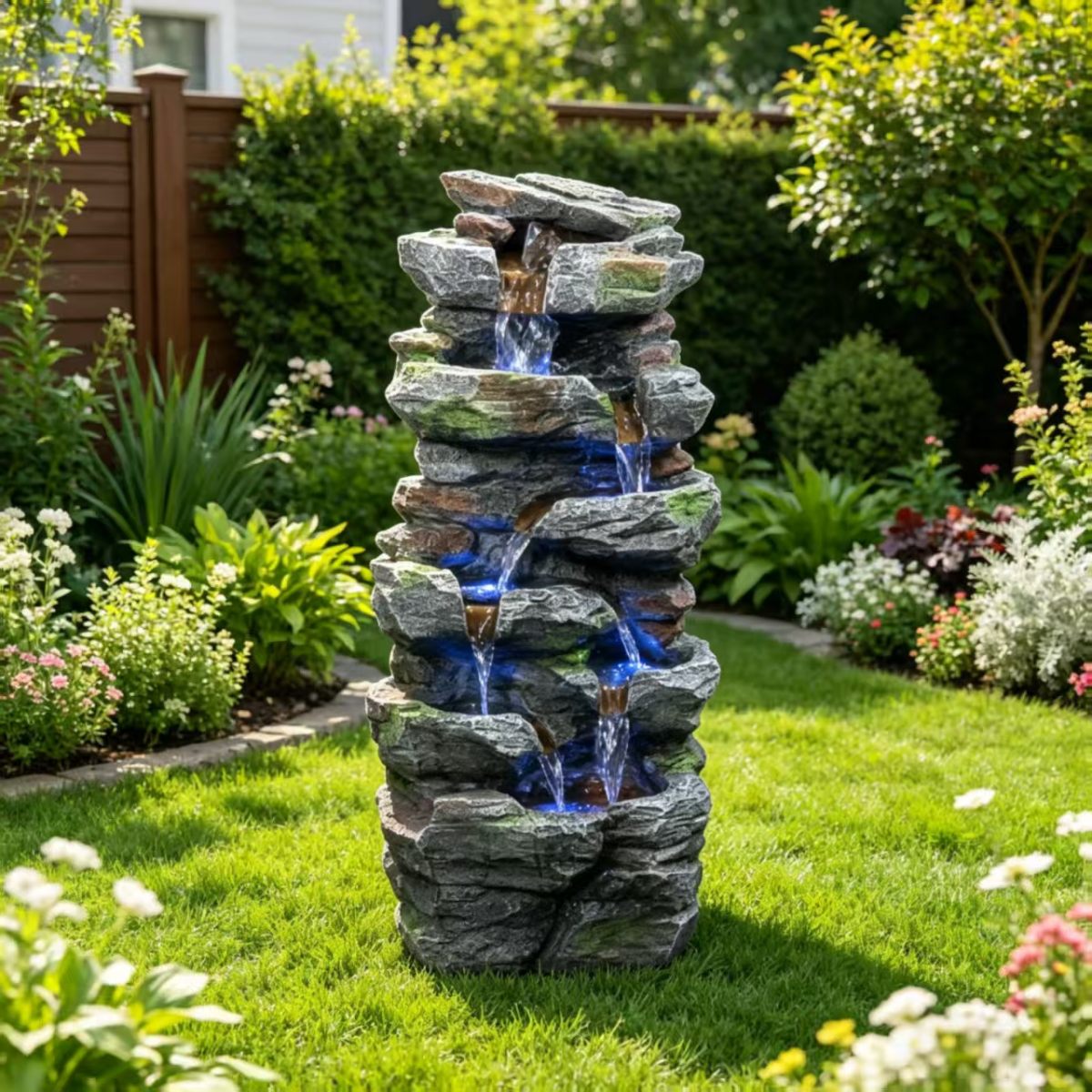 Rock Waterfall Outdoor Fountain With LED Lights Stone Garden Fountains Outdoor For Patio Lawn Cascading Tiered Outdoor Water Fountain