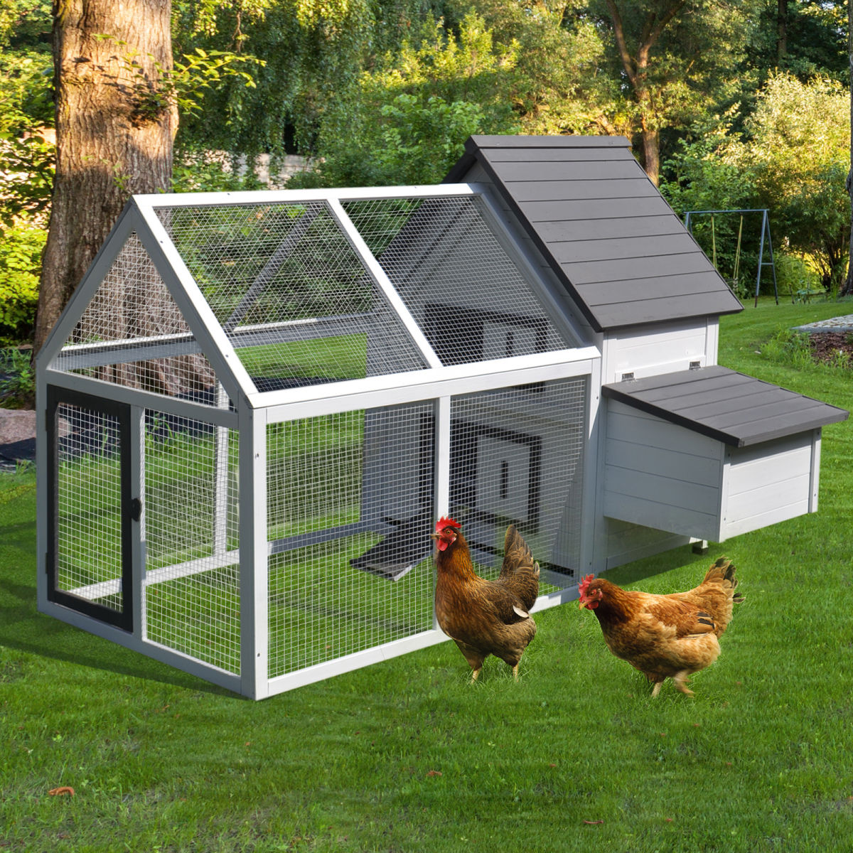 PawHut Chicken Coop With Run Wooden Hen House Pet Poultry Coops Cages Small Animal Outdoor Pen With Nesting Box 166 X 124 X 112cm
