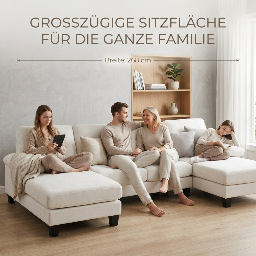 4 Seater U-Shaped Sofa With Chaise Longue, Modern Chenille Upholstered Sofa, Sofa Bed With Adjustable Backrest, Guest Sofa For Living Room & Office, Beige