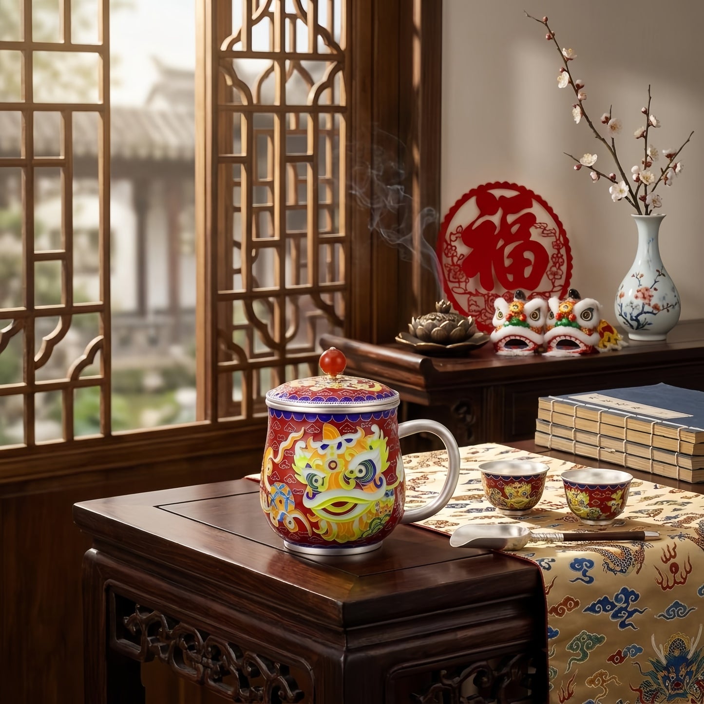 Pure 999 Fine Silver Exquisite Traditional Lion Dance Enamel Tea Mug with Lid and Silver Finish - Handicraft