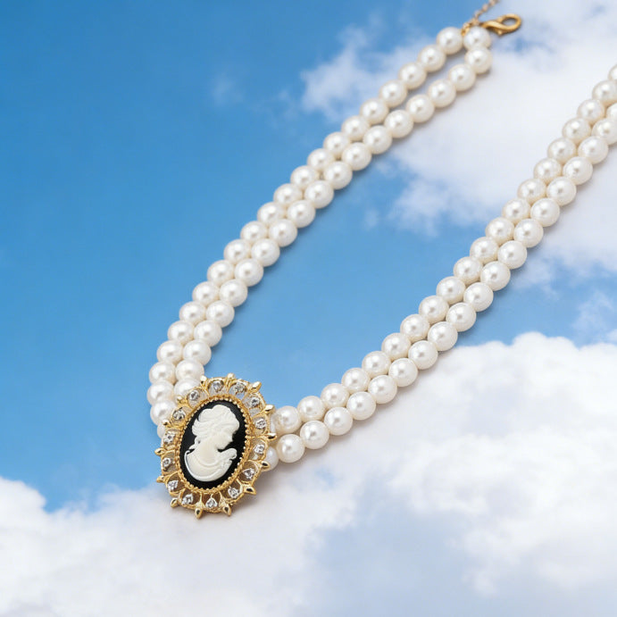 Luxury-style Double-layer Faux Pearl Beauty Portrait Necklace And Bracelet Set