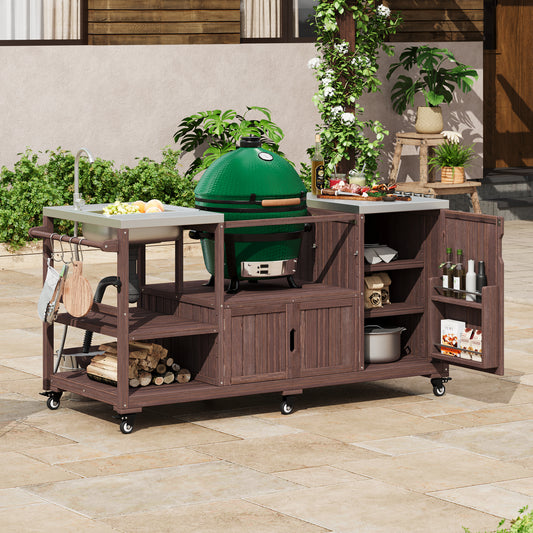 K&K 75.4  Outdoor Kitchen Island With Sink, Solid Wood Outdoor Grill Cart For XL Green Egg Grills, Rolling Outdoor Bar Cart With Stainless Steel Top, For Pizza Prep & BBQ, Brown