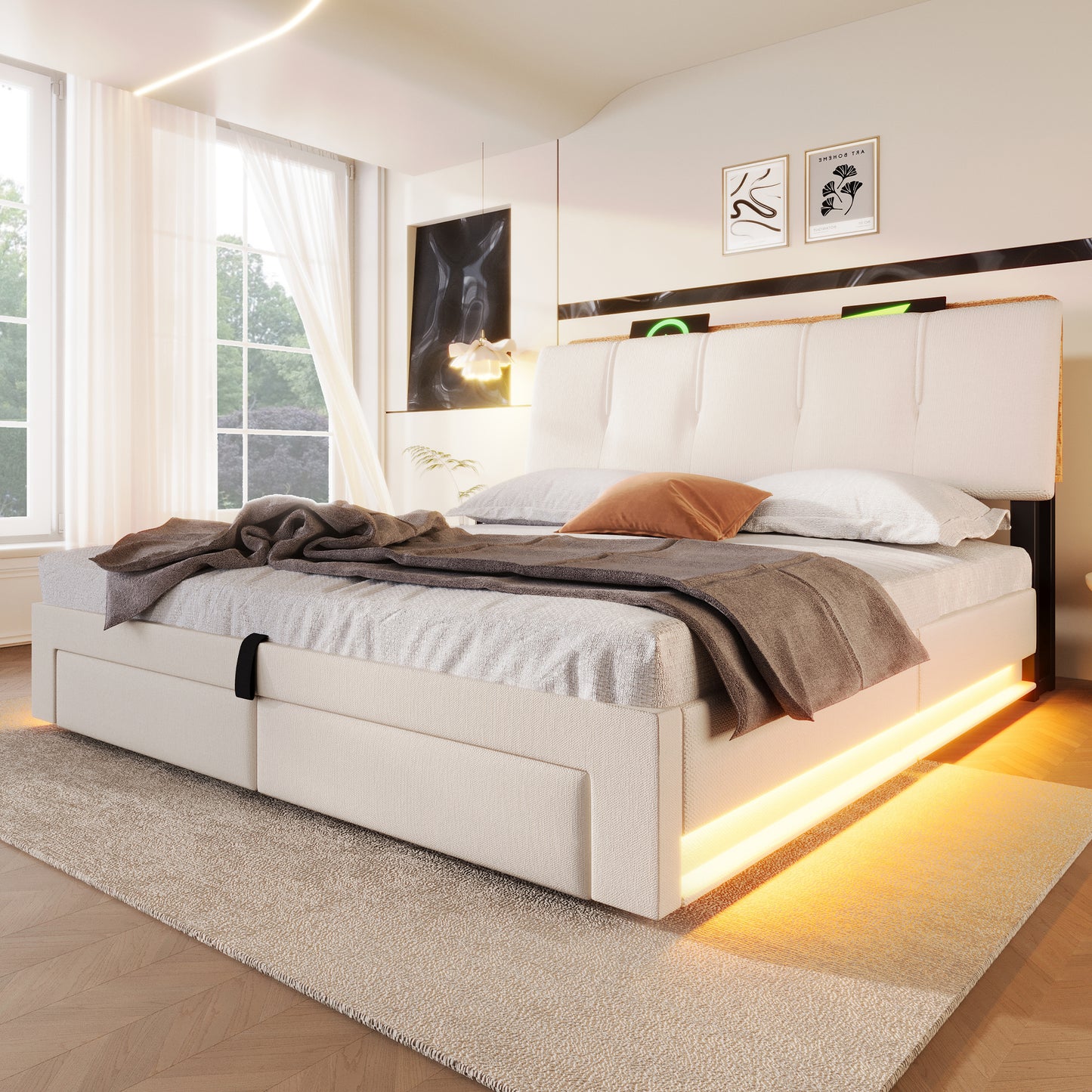 Upholstered Bed, 140x200 Cm, Hydraulic Storage, With USB Type-C Charging Function,Without Mattress,Multifunctional Storage, LED Lighting, Push-button Appdien, Linen, Beige