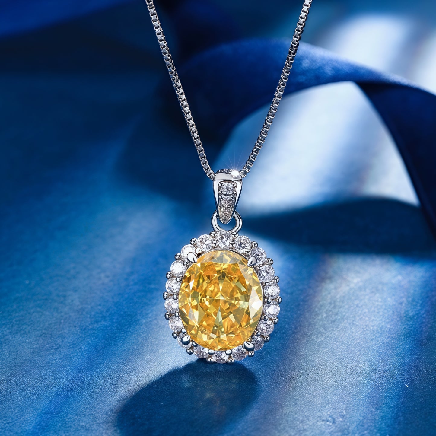 Oval Cut Yellow Citrine CZ Halo Pendant Necklace For Women, Copper Plated Silver Full Pave White Cubic Zirconia Vintage Wedding Bridal Statement Jewelry Gift