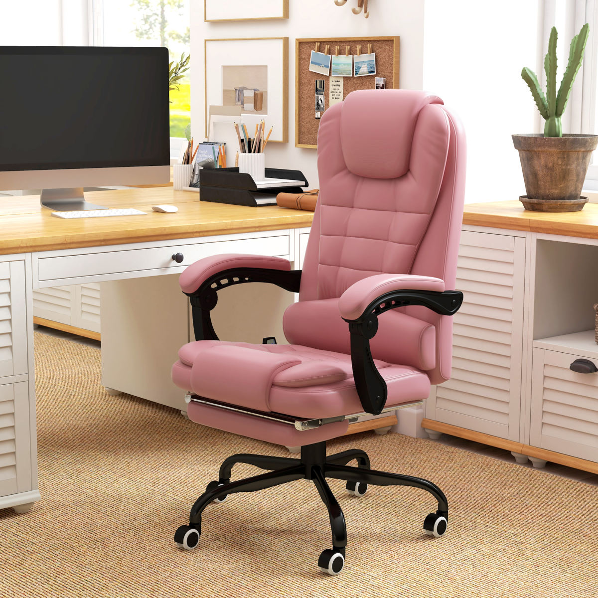 7-Point Vibrating Massage Office Chair High Back Massaging Office Desk Chair With Lumbar Support, Footrest, Pink