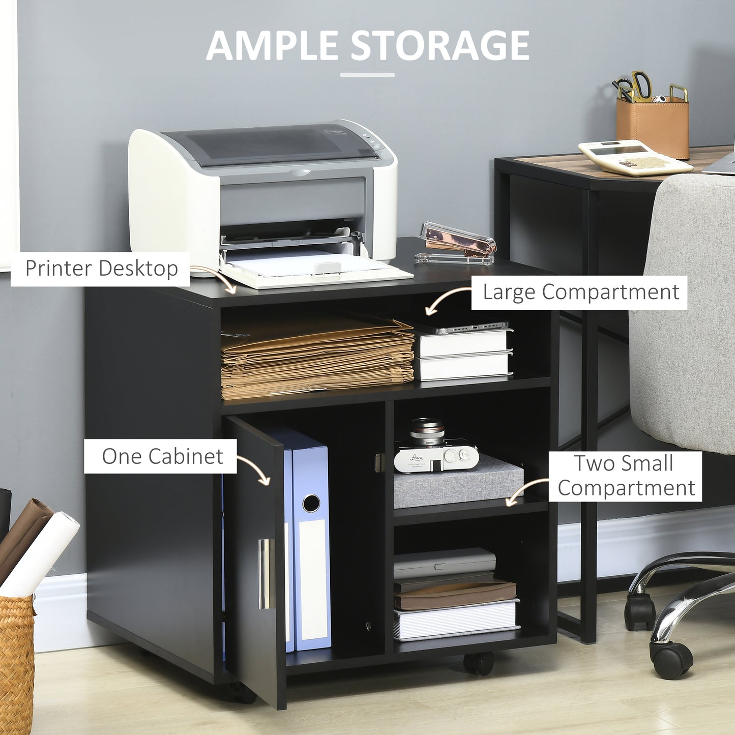 Multi-Storage Printer Stand Unit Office Desk Side Mobile Storage W/ Wheels Modern Style 60L X 50W X 65.5H Cm - Black