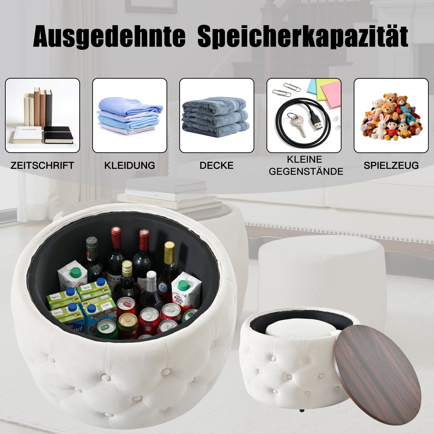 Luxury Set Of 2 Velvet Nesting Stool, 4-in-1 Function, Round Storage Footstool With Wooden Shelf, No Setup Required, Beige  58cm X 58cm X 38cm