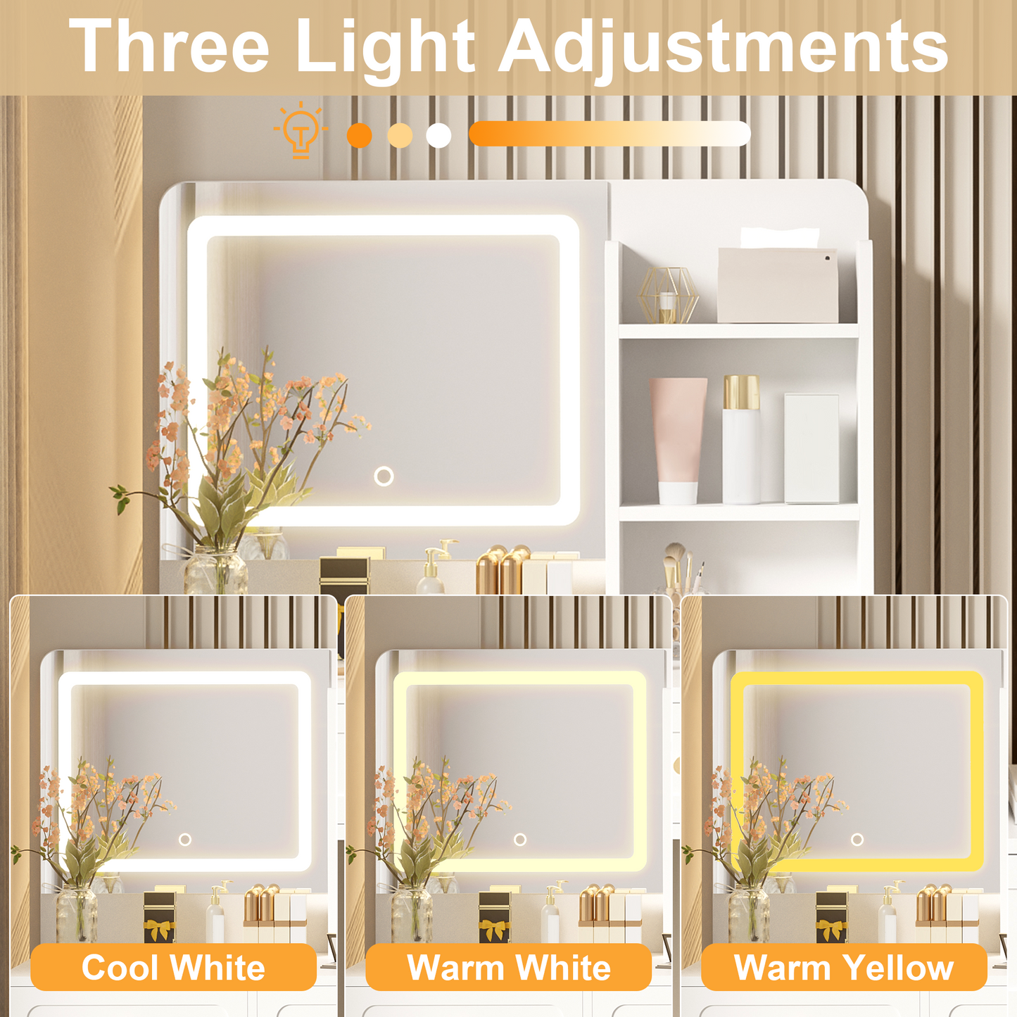 Large Dressing Table With Adjustable LED Lighting And Mirror, 5 Drawers, 1 Door And 3 Storage Compartments, White, 80x39.8x127cm