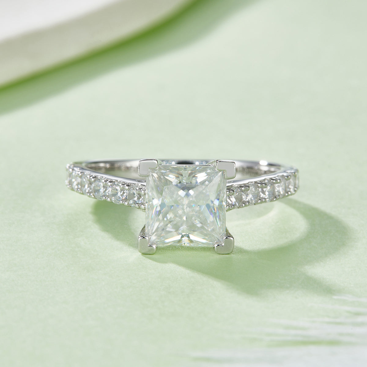S925 Sterling Silver 2ct Princess Cut Moissanite Ring, 7x7mm D-VVS1 Pave Band, Platinum Plated US Sizes 5-9, GRA Certificate Jewelry Gift Box