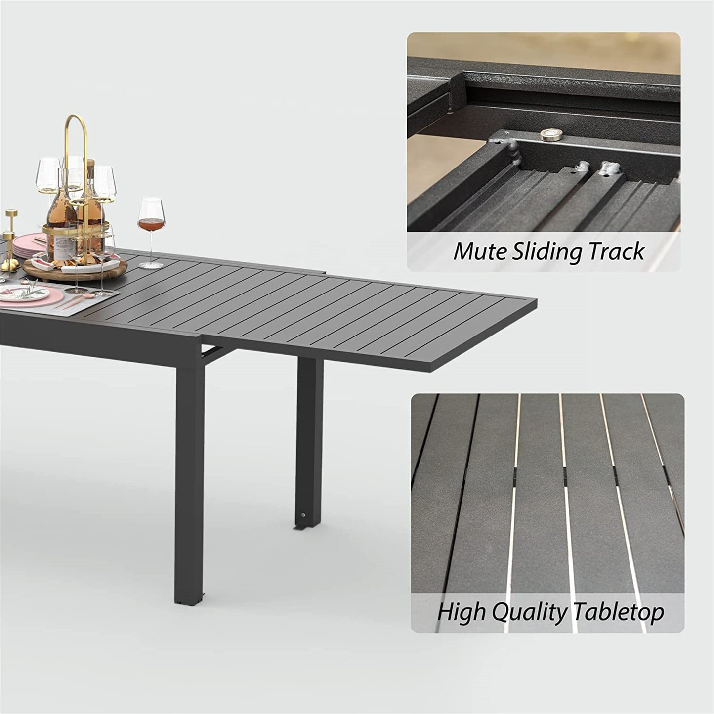 Patio Dining Expandable Table, Metal Aluminum Outdoor Table For 6-8 Person Rectangular Table For Garden Lawn Porch Bistro  Black,1 Table
