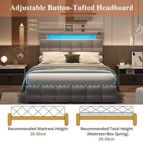 4ft6 Double Upholstered Bed Frame With Hydraulic Storage, Velvet Ottoman Bed With LED Lighting And Charging Station, Double Bed With Adjustable Button Tufted Headboard, Beige