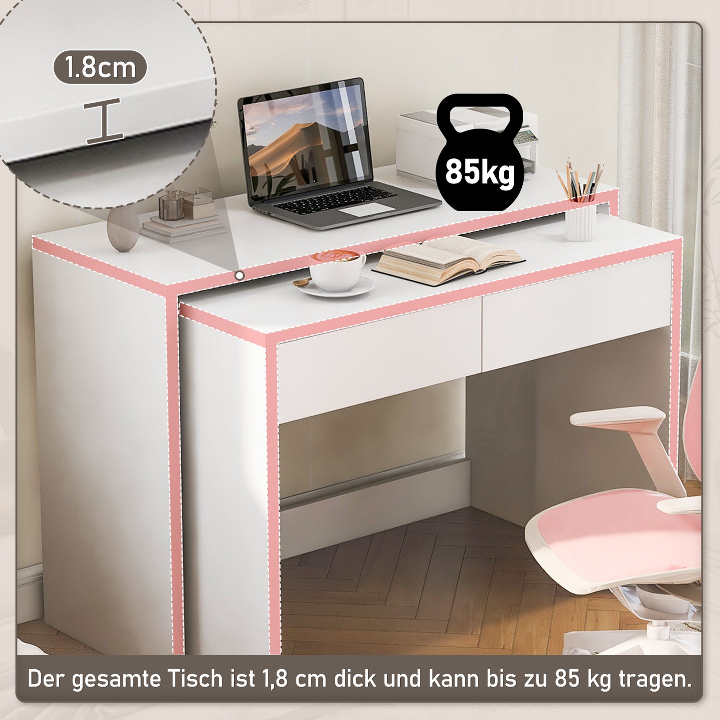 Shelf Desk  Chest Of Drawers 2-in-1 Compact Desk, Extendable, The Entire Table Is Made Of 1.8 Cm Thick Wood, Equipped With Castors, Can Be Flexibly Combined, Foldable Desk