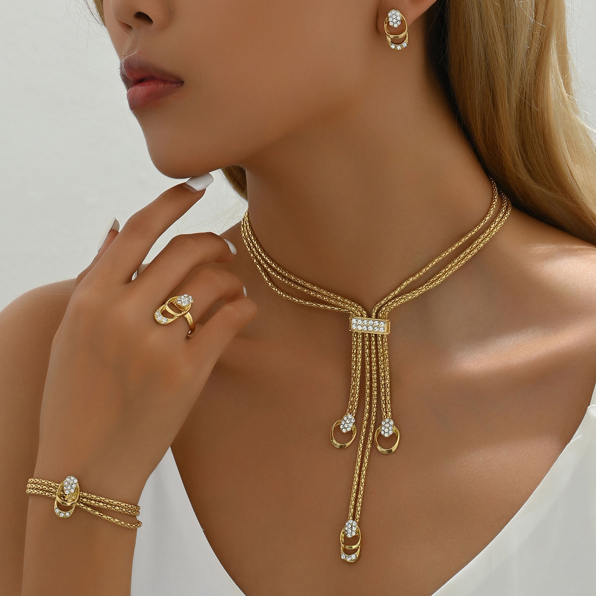 Cross-border New Minimal Delicate Women Jewelry Set, Inlaid Cubic Zirconia Long Clavicle Necklace, Matching Earrings & Index Finger Ring, Niche Versatile Daily Accessories