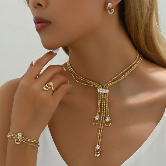 Cross-border New Minimal Delicate Women Jewelry Set, Inlaid Cubic Zirconia Long Clavicle Necklace, Matching Earrings & Index Finger Ring, Niche Versatile Daily Accessories